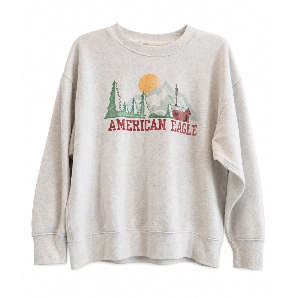 American Eagle Graphic Sweatshirt Womens Small Cream Oversized Mountain Cabin